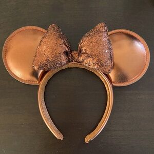 Disney Parks Bronze Gold Sequin Faux Leather Minnie Ears Headband.